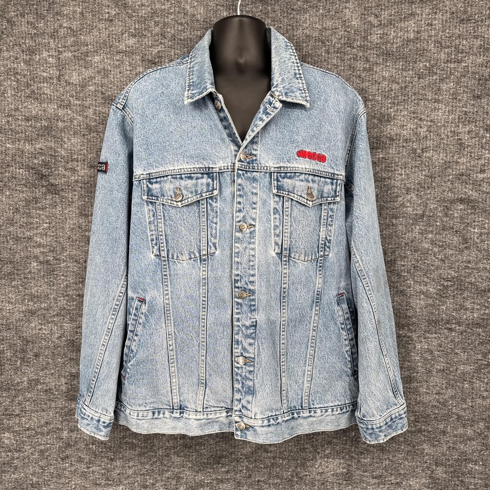 Vintage Mecca‎ Denim Jacket Mens XL Blue Hip Hop Logo Trucker Streetwear 90s
